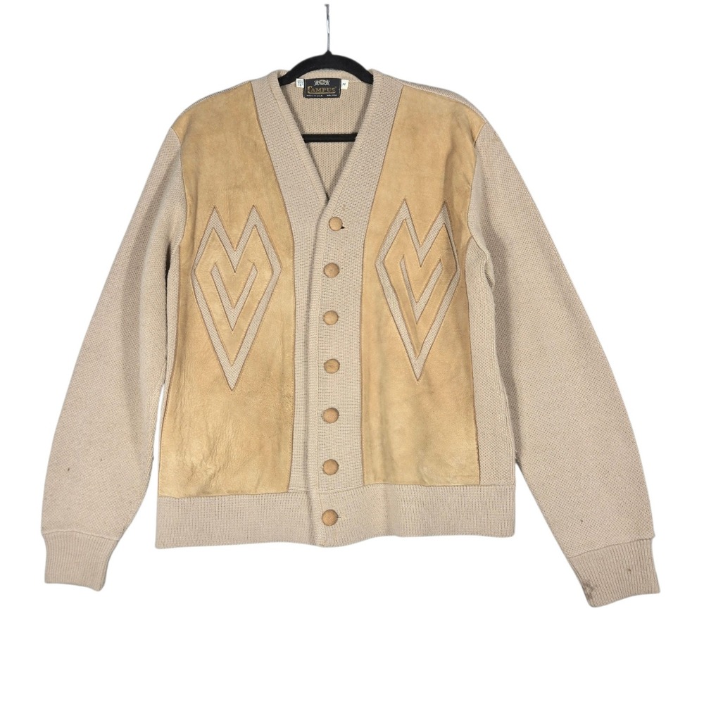 Vintage Campus Mens M Suede Leather Cardigan Sweater Made USA 70s Western
